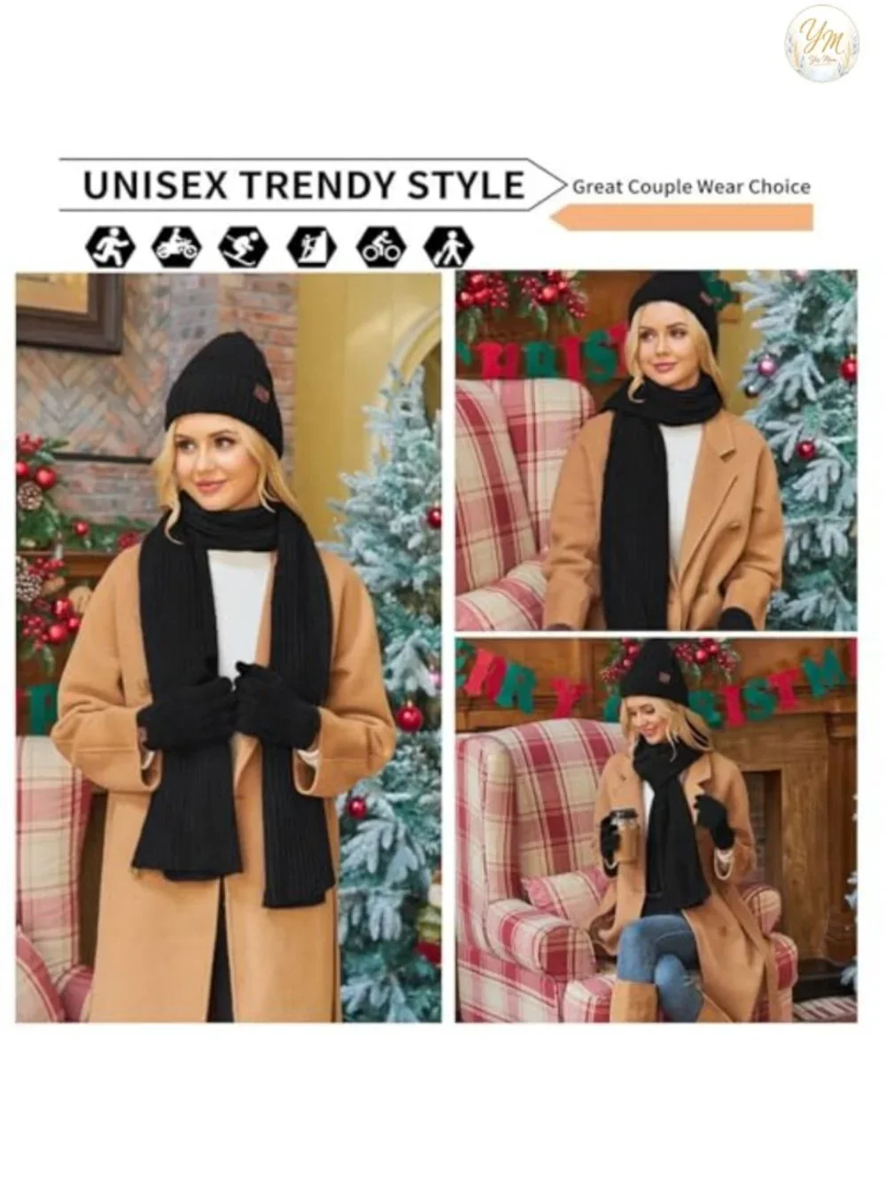 Winter Knit Hat Scarf Gloves Set Touchscreen Beanie Skull Cap